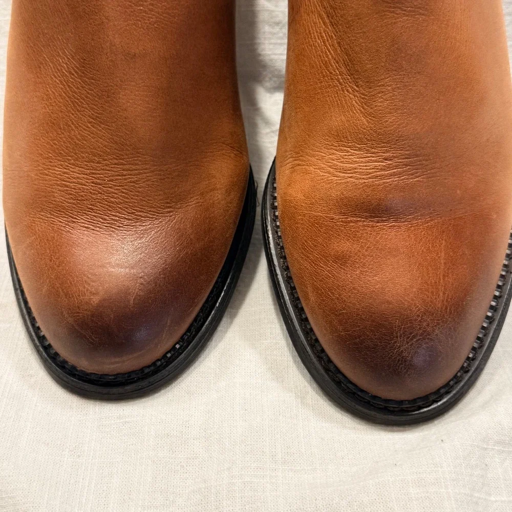Franco Sarto Hyla Ankle Boots 8.5M Cognac Leather Side Zip Block Heel Booties